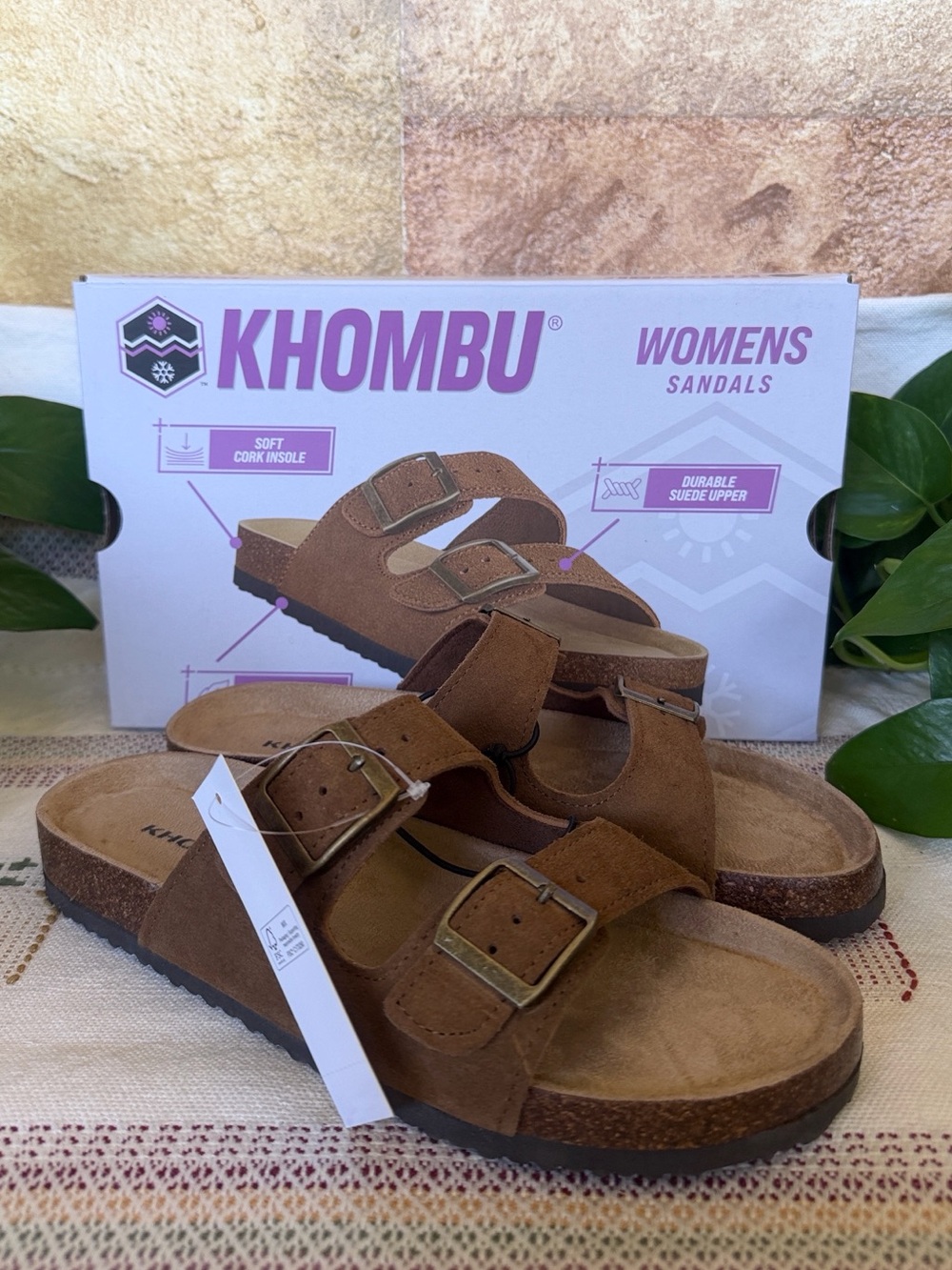 NEW Khombu Leather Suede Double-Buckle Cork Slide Ashville Brown Sandals, Size 8